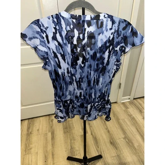 Allison Taylor Y2K Blue Black Abstract V-Neck Short Sleeve RetroBlouse Women's M - Picture 9 of 11